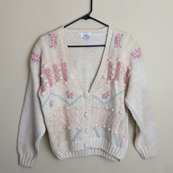 Vintage Sweaters - Vintage pastel floral chunky cardigan ramie blend cottagecore fairy kei LARGE